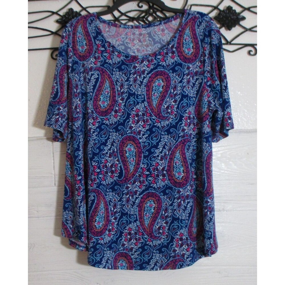 Chico's Women's Knit Top Size 2 US L Short Sleeve Blue Paisley Round Neck